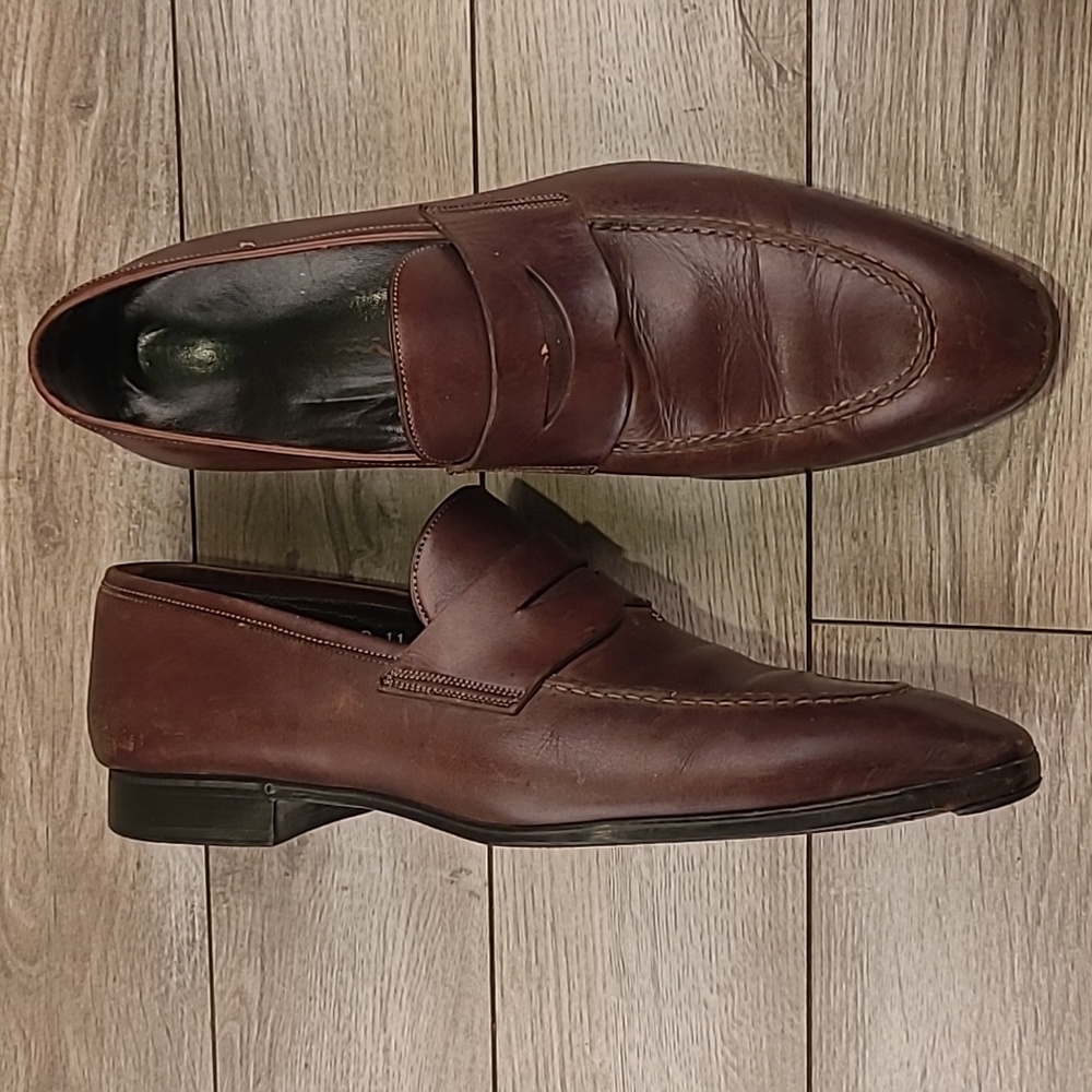 SANTONI Italy Dark Brown Leather Sz 11 D Mens‎ Penny Loafers Dress Shoes